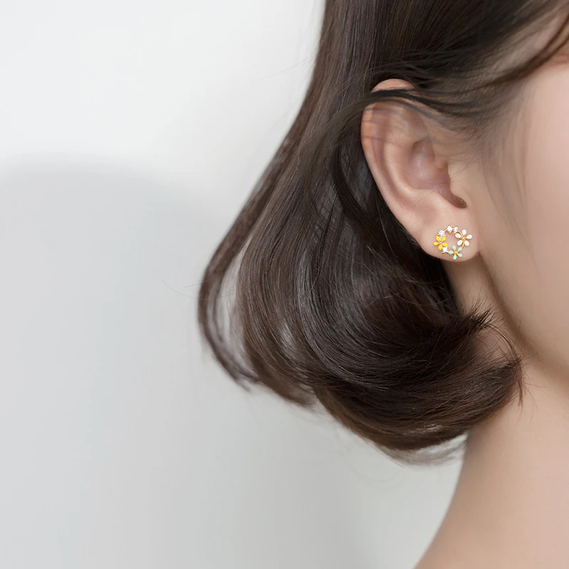 Modian Romantic Enamel Three Little Flower Stud Earrings for Women 925 Sterling Silver Dazzling Clear CZ Earring Luxury Jewelry