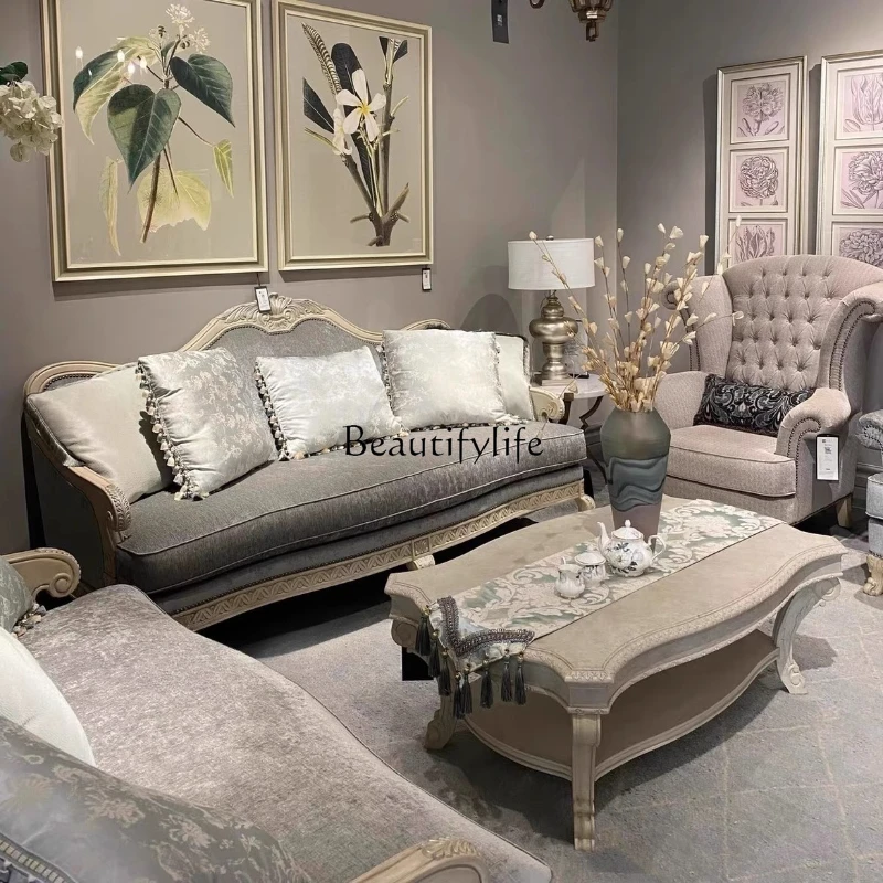 

American three-person sofa solid wood carving flower retro old fabric sofa combination