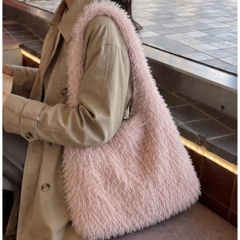 CEEKAY Women's Hobo Bag Pink Cream Fuzzy Fleece Large Capacity Top Handle Versatile Everyday Commute Casual Winter Style