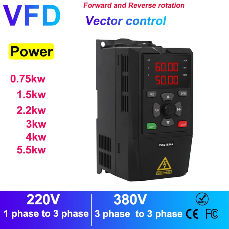 4KW 5.5KW VFD Variable Frequency Drive 1PH 220v Inverter 0.75/1.5/2.2KW AC Motor Speed Controller