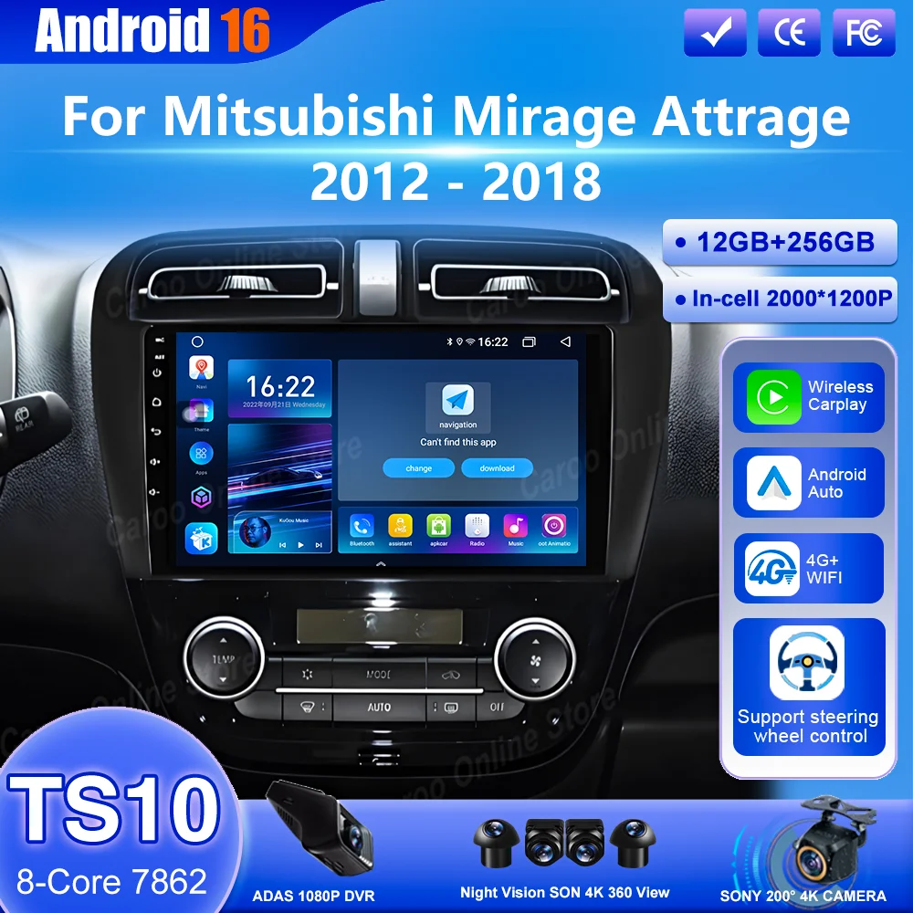 Android 16 Car Radio For Mitsubishi Mirage Attrage 2012 -2018 Auto GPS Navigation Radio Stereo Multimedia Carplay WIFI Head Unit