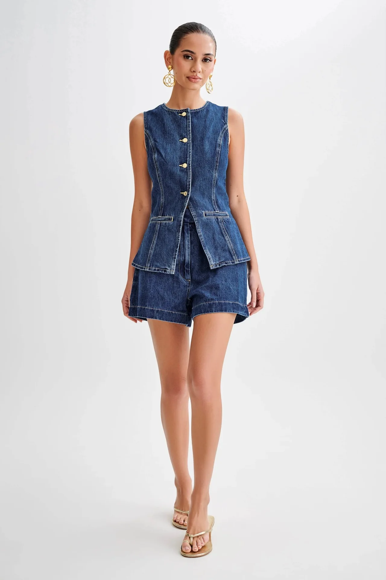 Denim Short Sets Single Breasted Sleeveless Vest Two Pieces Pockets Zipper Fly Shorts Loose Solid Washed Vintage Basics