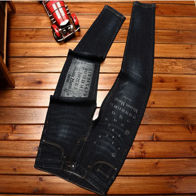 2024 new high-end printed jeans men's slim fit skinny personality trendy Korean style stretch denim casual trousers