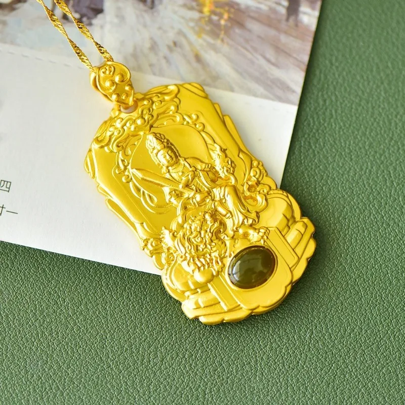 Copper Inlaid Hetian Jade Manjushri Bodhisattva Pendant