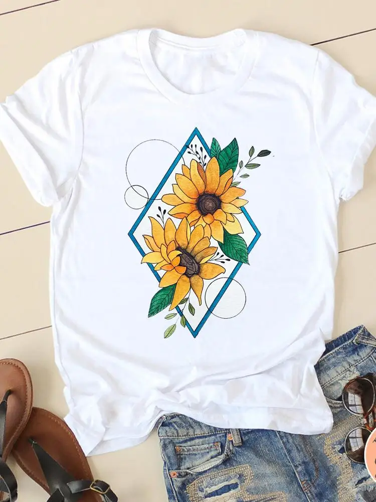 T-shirts Graphic Tee Clothing Summer Short Sleeve Ladies Flower Peace Lovely Casual Women Fashion Female T Shirt Clothes