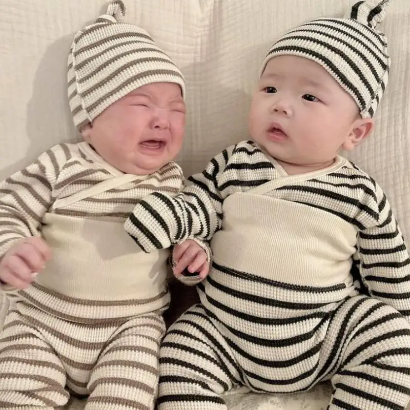 2024 Ancobear Newborn Baby Clothing Set Spring New Striped Waffle Baby Boy's Suit Top+High Waist Pp Pants Hat Toddler Home Suits