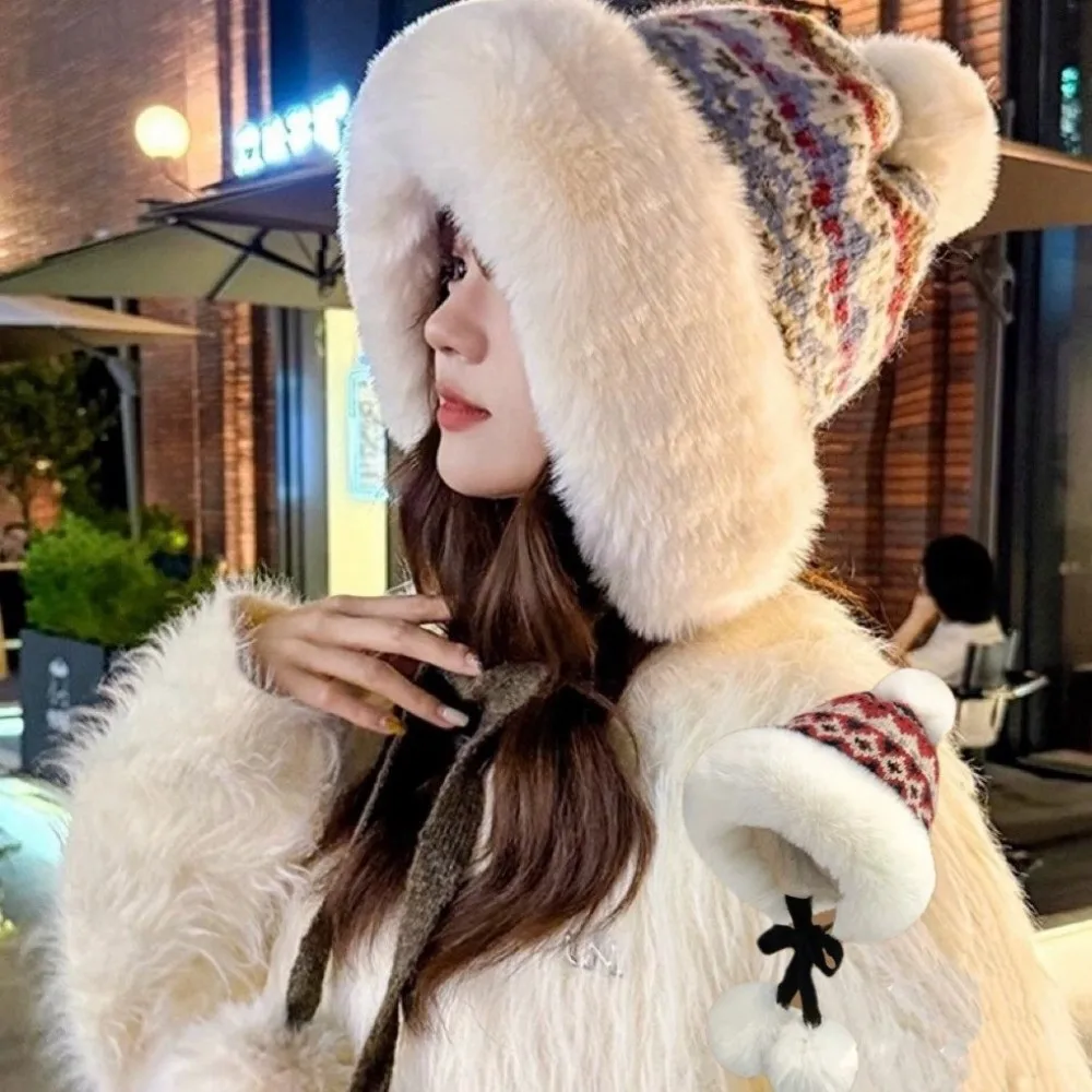 

Fashion Thick Knitted Plush Hat Warm Ball Ear Protection Hat Ethnic Style Windproof Pullover Beanie Hat Autumn Winter