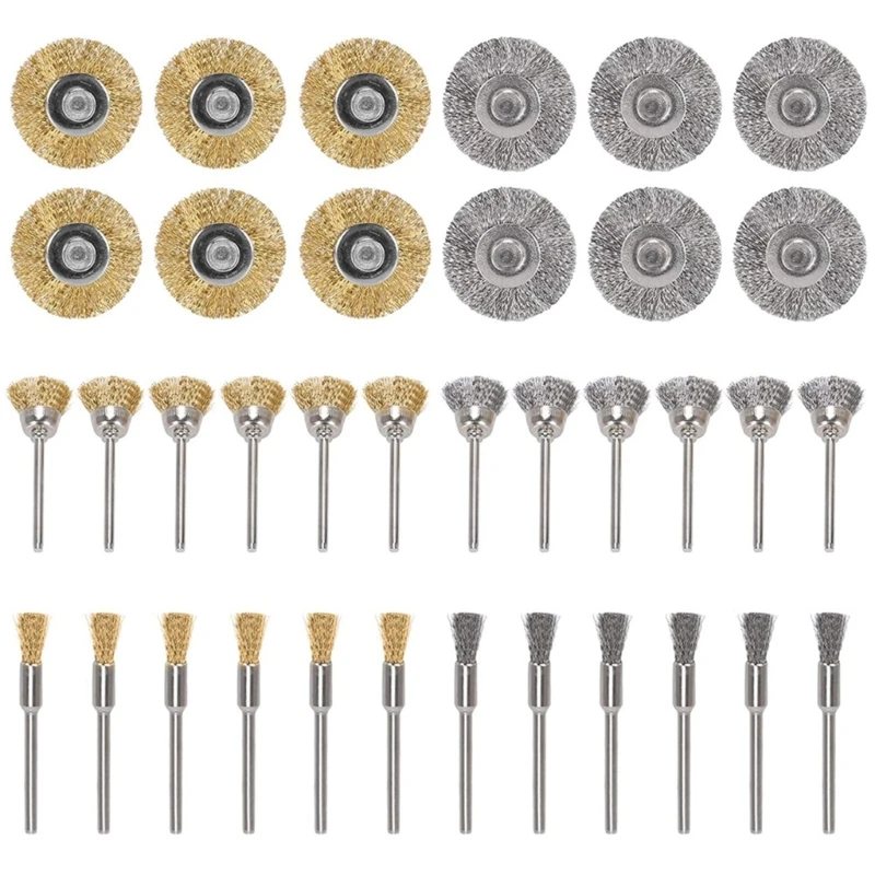 36 Pcs/set Brass Coated Wire Brushes for Drill Paint Rust Remover Wire Wheel and Cup Brush Set Steel Wire Brush