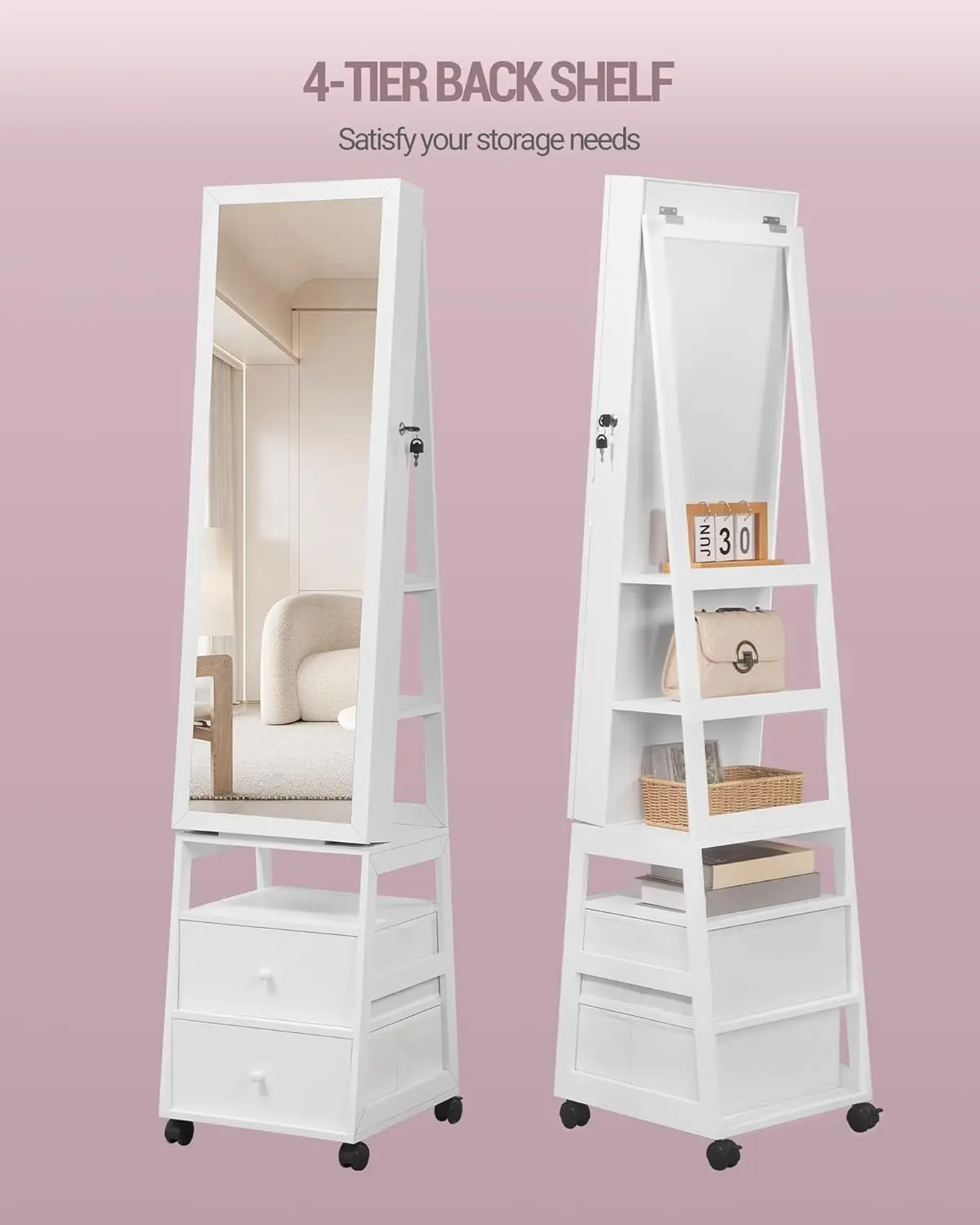 Lockable Standing Jewellery Mirror Cabinet with 2 Drawers, 360° Swivel Jewellery Cabinet with Lights on Four Wheels, Full Length