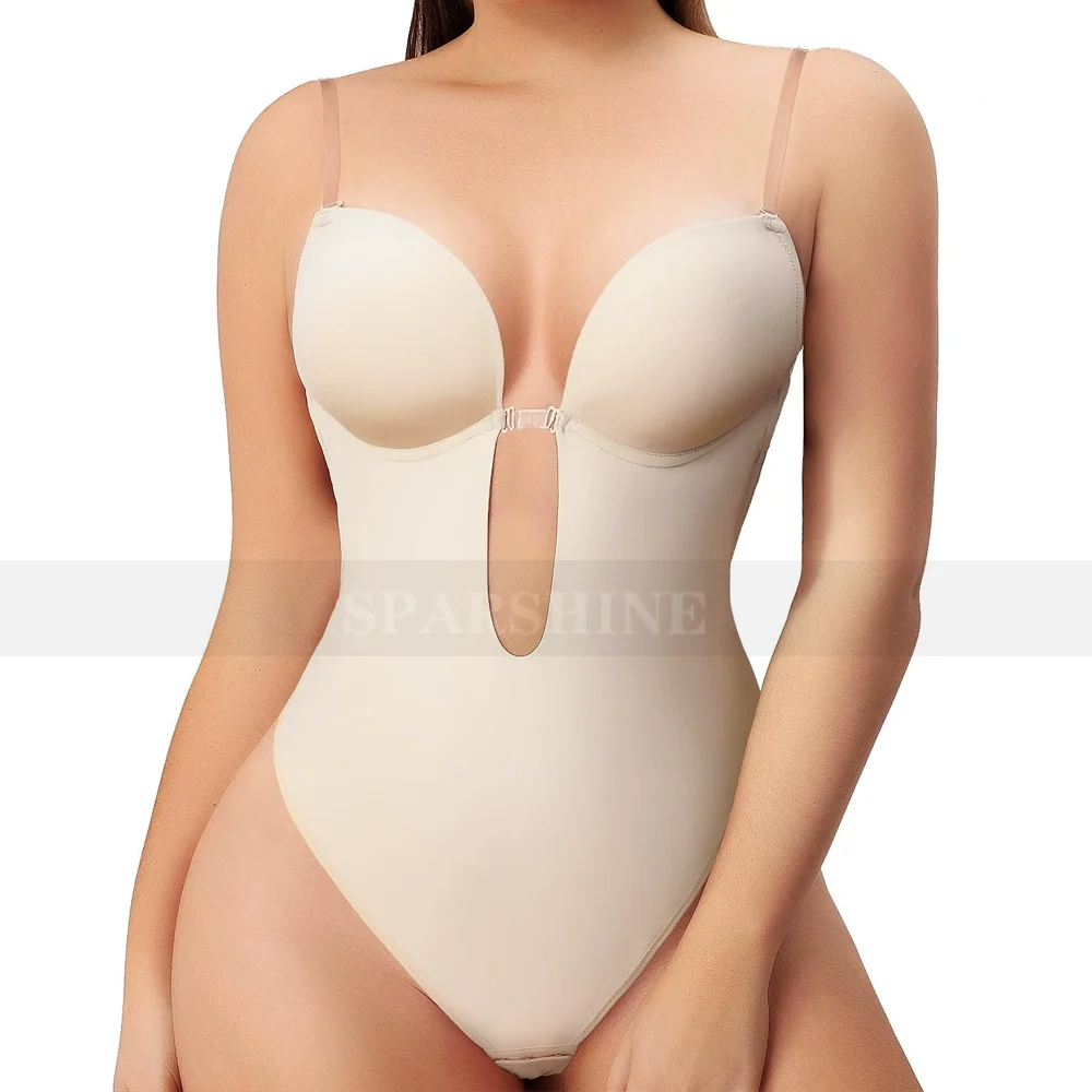 Deep V Backless Chest Support Shaping & Gathering Jumpsuits Abdominal Control Shapewear with Bra Butt Lifter Flat Belly Bodysuit