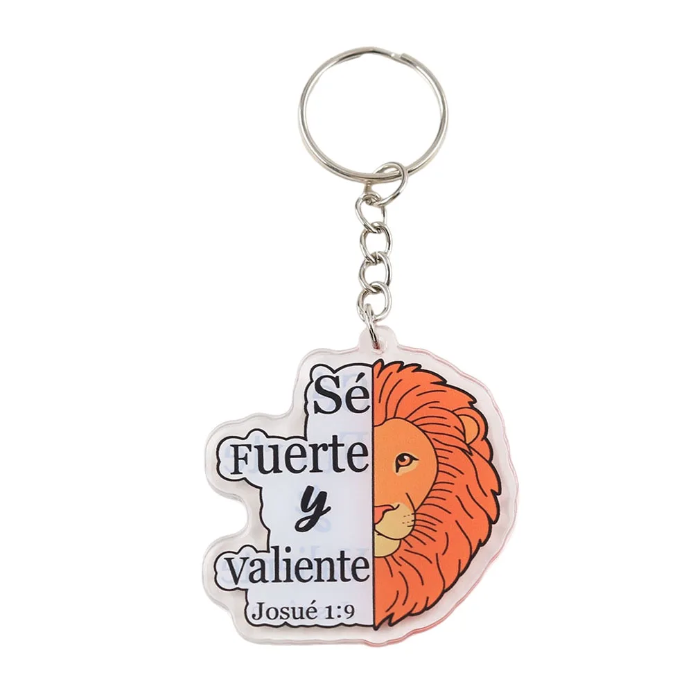 Christian Lion Keychain Spanish Bible Verse Sé Fuerte y Valiente Joshua 1:9 Keyring Religious Jewelry Inspirational Faith Gift