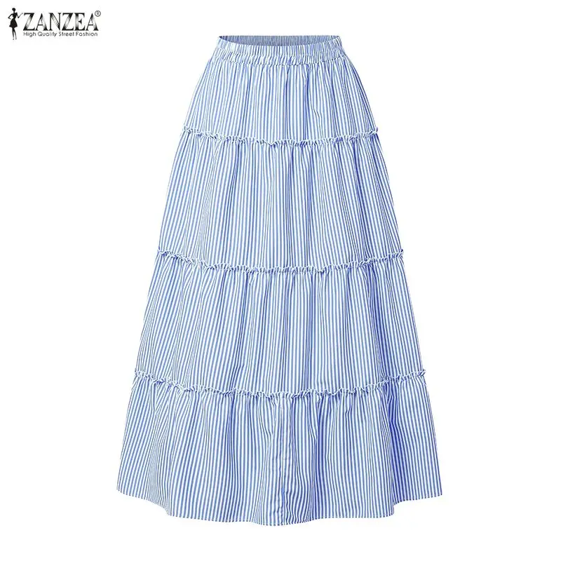 ZANZEA Women's Baggy Striped Long Skirts Elastic Waist Ruffles Trim Tiered Maxi Skirt Spring Summer Korean Casual Jupes Femme