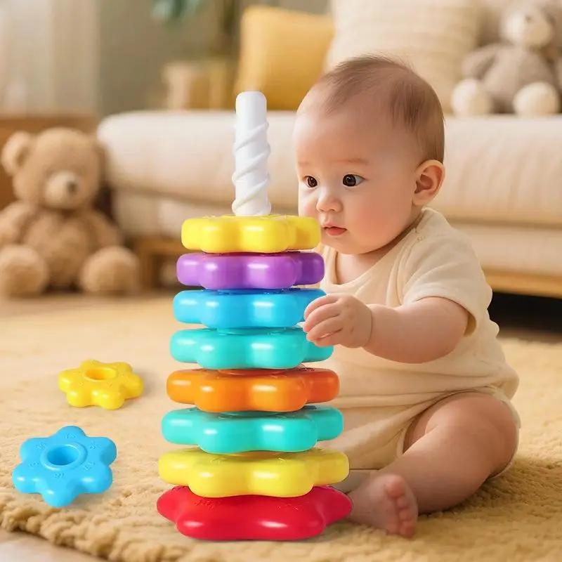 1 set baby-stapelpuzzelspeelgoed Montessori roterende regenboogtoren Veiligheid en milieubescherming Gekleurd kinderspeelgoed