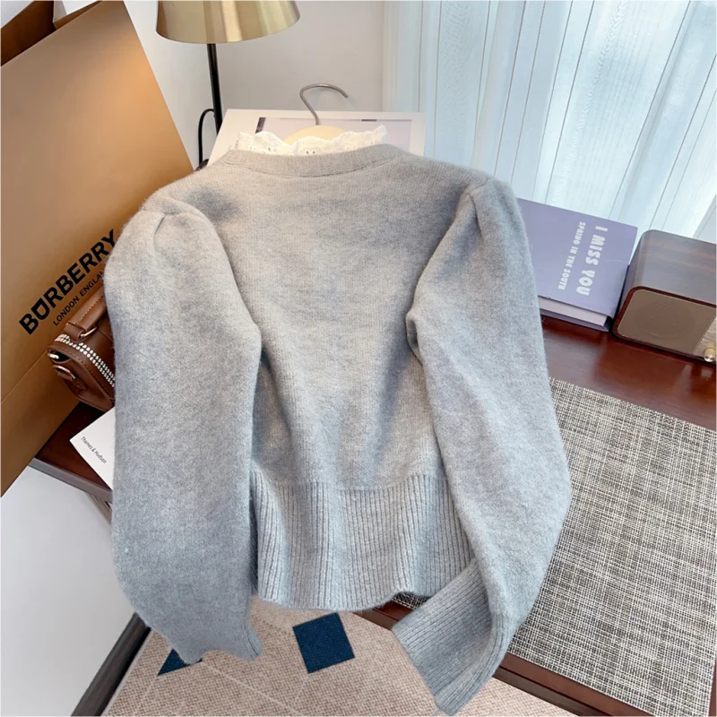 Lace Cashmere Women\'s Clothing Grey Knitting Short Sweater Long Sleeves V-neck Vintage Cardigan 2024 Fashion Autumn Tops