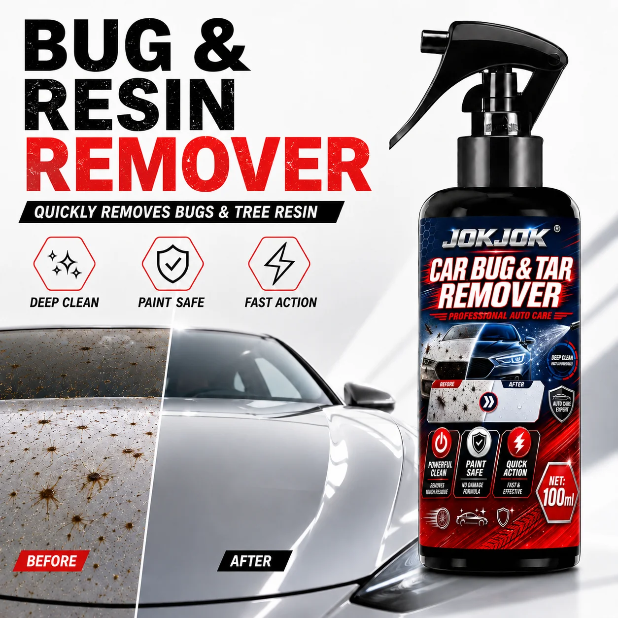 Image of JokJok Insektenentferner Auto-Spray Auto-Insektenrückstände Teerflecken-Reiniger Spray für Motorhaube Windschutzscheibe Stoßstange Sichere Lackpflege 100ml