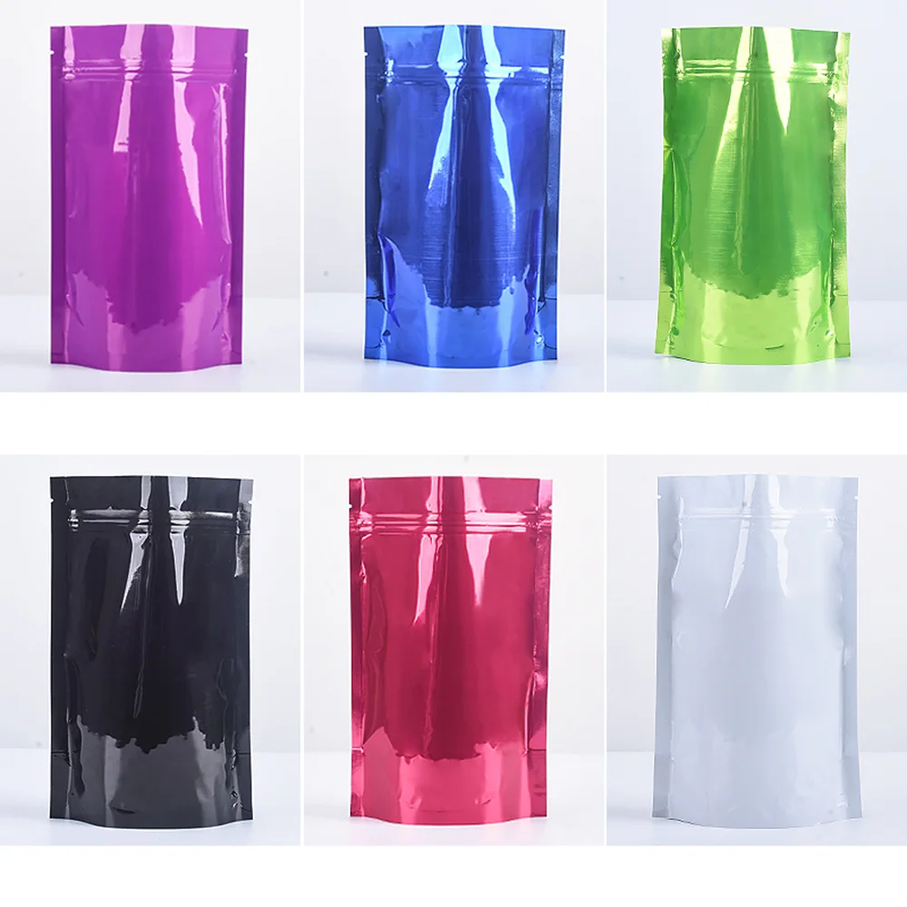 

100pcs/lot Stand Up Resealable Zip Lock Bags Retail Colored Glossy Ziplock Aluminum Foil Packaging Pouch For Food Snack