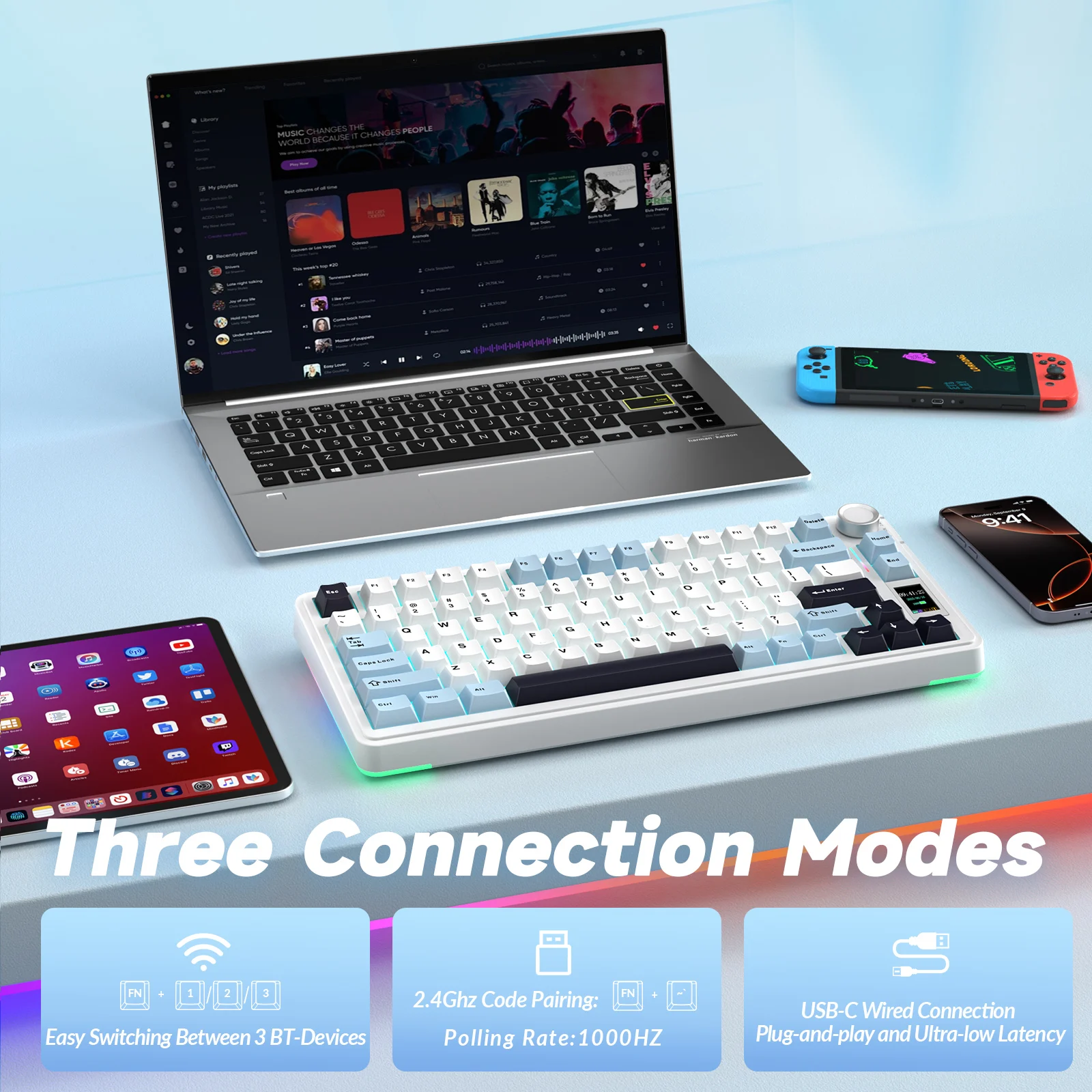 لوحة مفاتيح لاسلكية AULA S75pro ثلاثية الأوضاع RGB لوحة مفاتيح ألعاب قابلة للتبديل السريع PBT مع برامج ماكرو