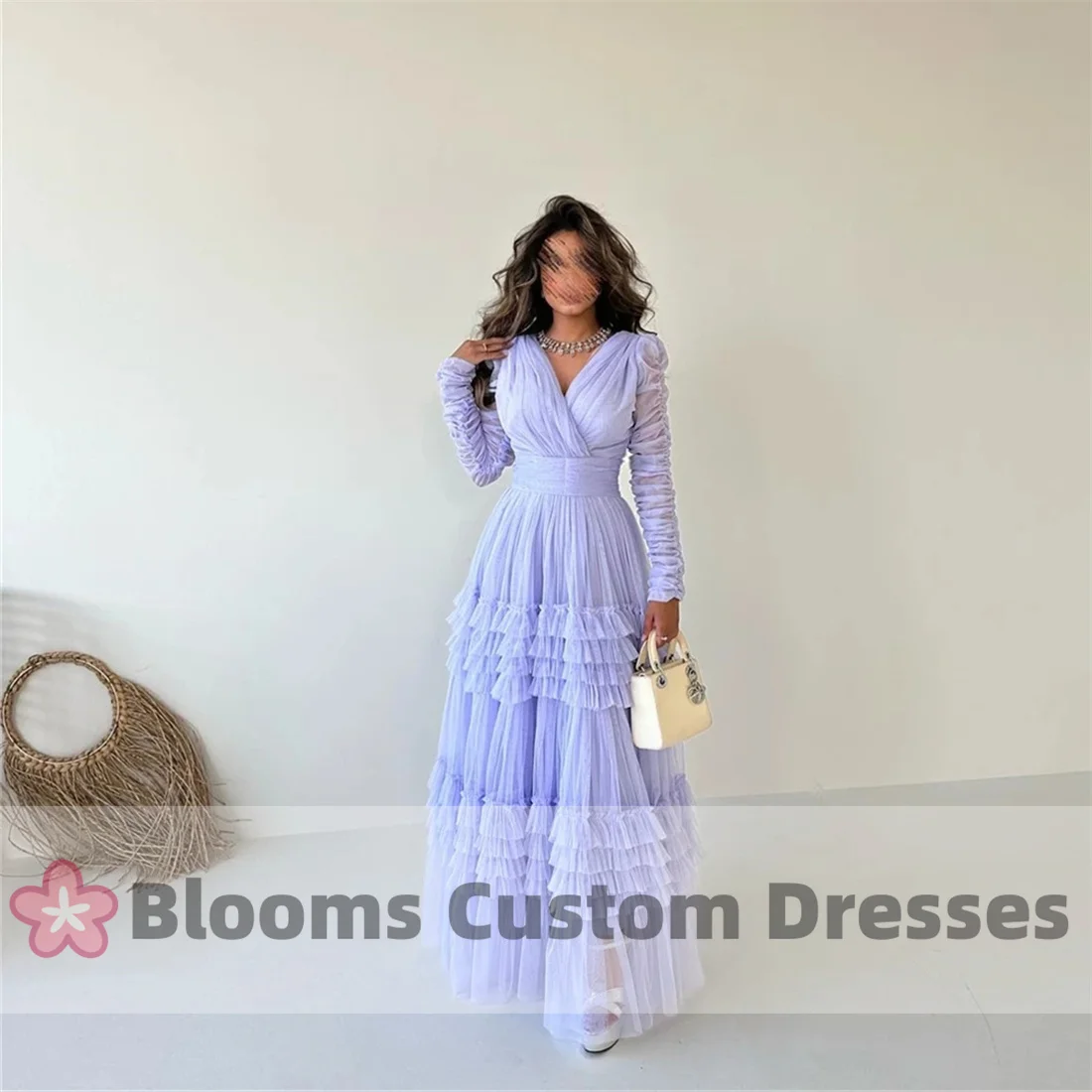 Blooms Customized Elegant Long Sleeves Prom Dresses Various colors Evening Dresses Ruffles V-Neck A-Line Customized Party Gown