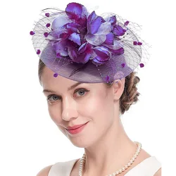 Women Purple Fascinator Hats Hair Pins And Clips Wedding Net Mesh Headwear Party Birthday Pillbox Cap Flower Hair Accessories