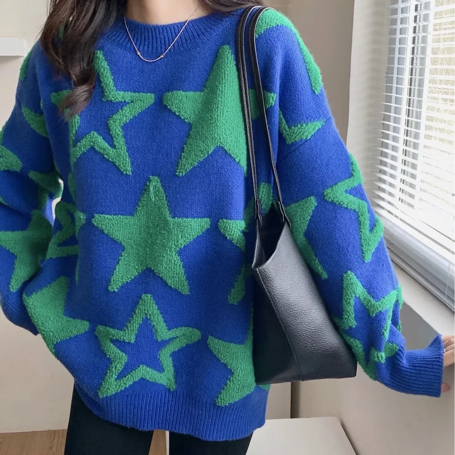 Jersey de punto japonés para mujer, Top suelto con patrón de estrella de Hong Kong, suéter de cuello redondo de viento perezoso, otoño e invierno, nuevo