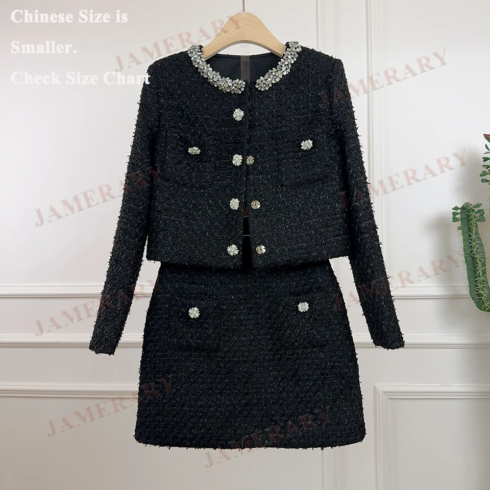 秋ツイードドレスツーピースセット女性ダイヤモンドジャケットダブルブレストコートミニショートスカート冬服エレガントブランドスーツ