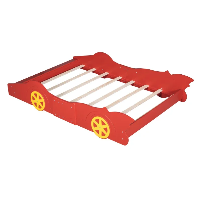 Full Size Race Car-Shaped Plataforma Cama com Rodas, Cama Vermelha