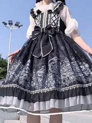 KIMOKOKM Lolita japońska słodka miękka sukienka z halką na ramiączkach Kawaii Diablo Gothic drukowanie wzburzyć bez rękawów śliczna kokarda gaza JSK sukienka