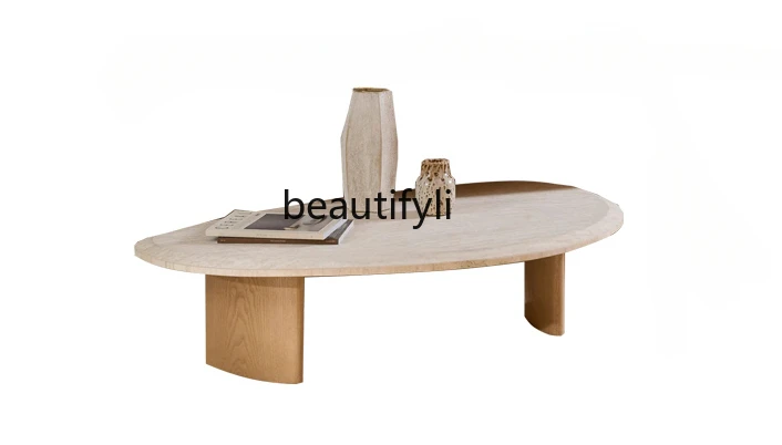 Travertine coffee table wabi-sabi style household small apartment solid wood high and low combination tea table living room