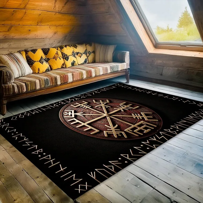 Viking Vegvisir Compass Rug, Norse Mythology Wayfinding Symbol Carpet, Pagan Scandinavian Decor, Non-Slip Washable Nordic Mat