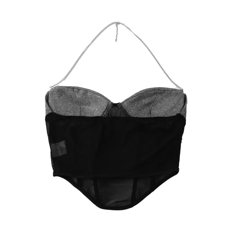 2024 Summer New Spicy Girl Style Sexy Slim Fit Sparkling Chest Cup Mesh Panel Hanging Neck Tank Top for Women clothes  CSM66