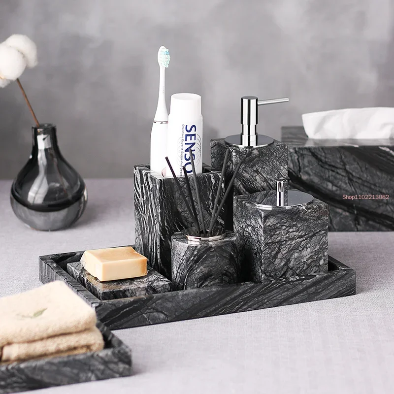 Bathroom Set Marble Liquid Soap Dispenser Toothbrush Holder Gargle Cup Tray Cotton Swab/Tissue Box Sell Separately Nordic Style