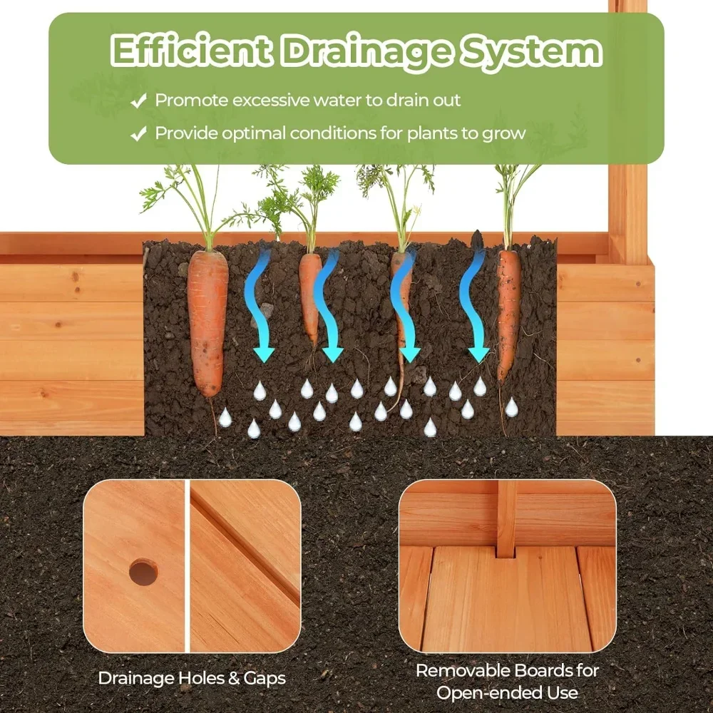 Wood Elevated Garden Bed with Hanging Roof, Planter Box, Drainage Holes for Climbing Plants, Flowers, Raised Flowerpot