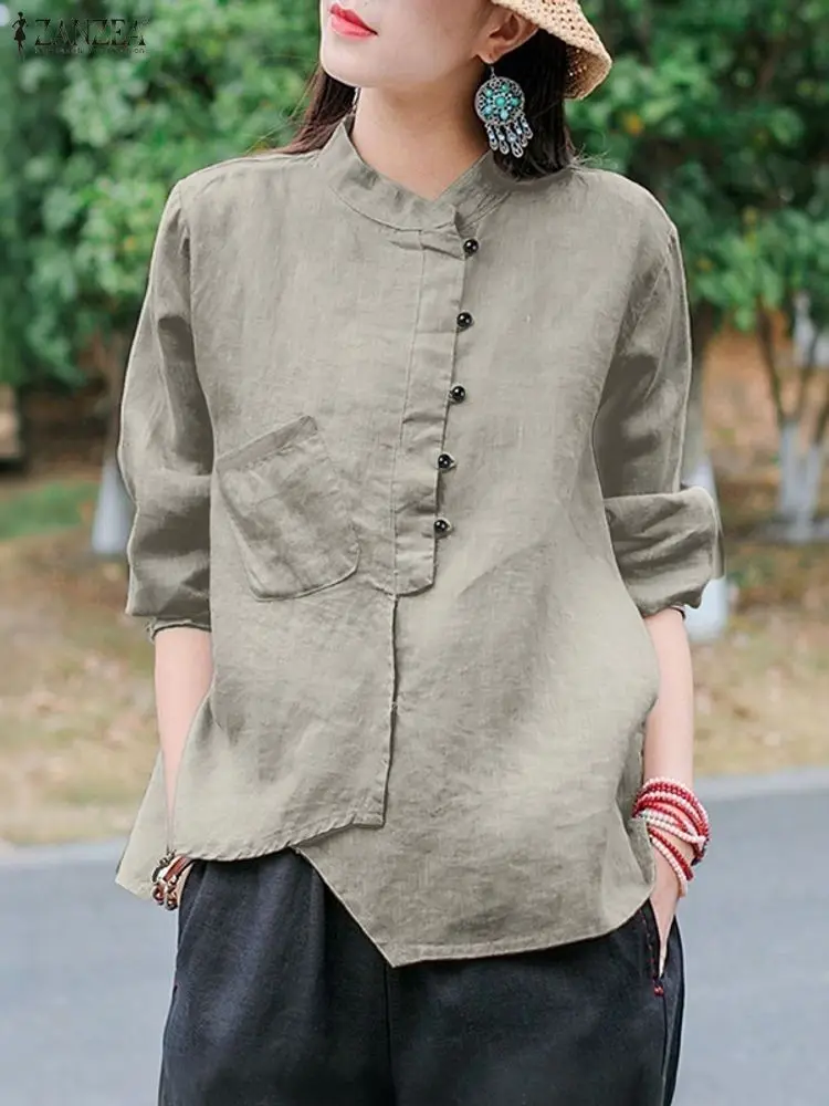 2025 ZANZEA Donna Autunno Camicetta a maniche lunghe Casual Bottoni solidi Camicia Elegante Stand Collo OL Top da lavoro Camicie irregolari Oversize