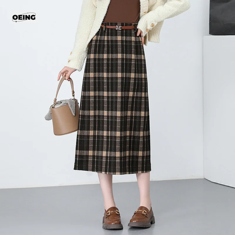 

Plaid Vintage A-line Mid-long Skirt Women Autumn Winter Thick Elegant Slim Fitting High Waist Woolen Skirts Office Lady 7038