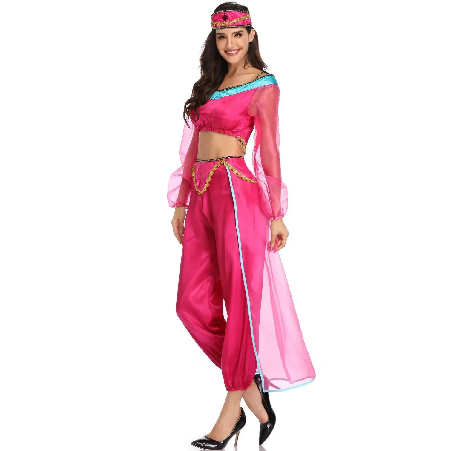 Anime Aladdin Cosplay Princess  Rose Outfits Women Belly Dance Fancy Dress Clothing Set Costume The Magic Lamp Halloween Jasmine