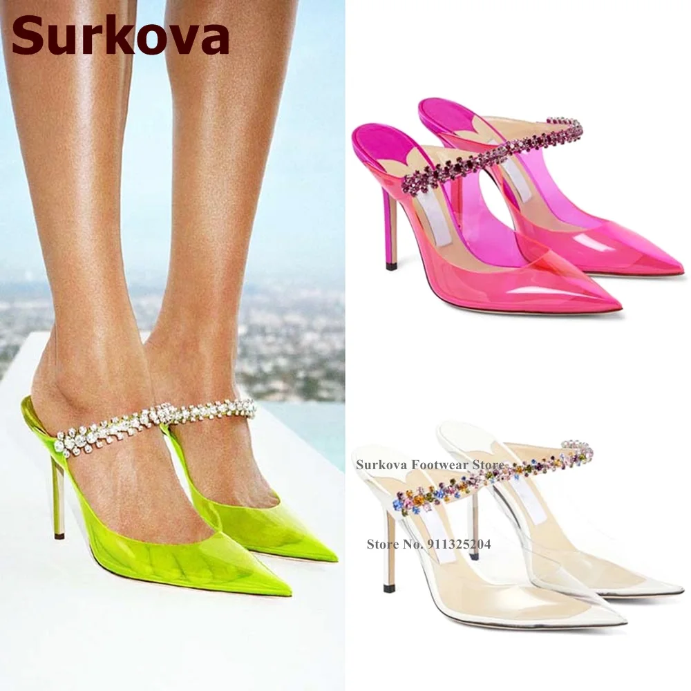 Surkova Sepatu Pernikahan Transparan Tali Berlian Imitasi Bling Sandal Kristal PVC Merah Muda Hijau Kapur Pump Stiletto Ujung Lancip