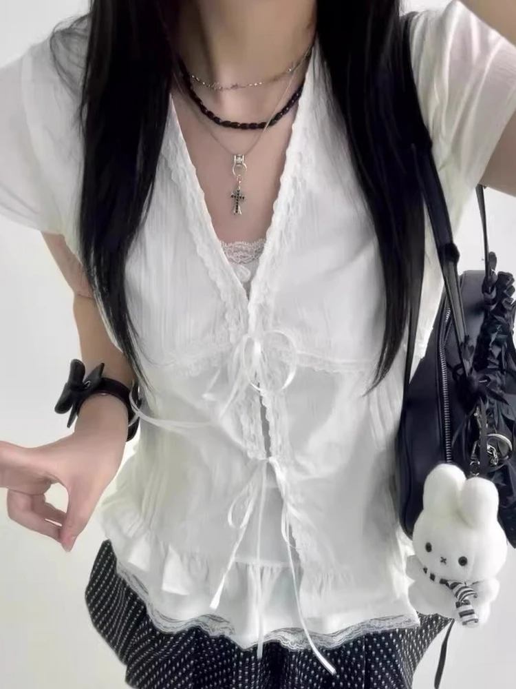 

Spring Season Women's Slim Fit Short Sleeve Shirt with Lace Trim Belted French Style Anti-Wrinkle V-Neck Regular Length