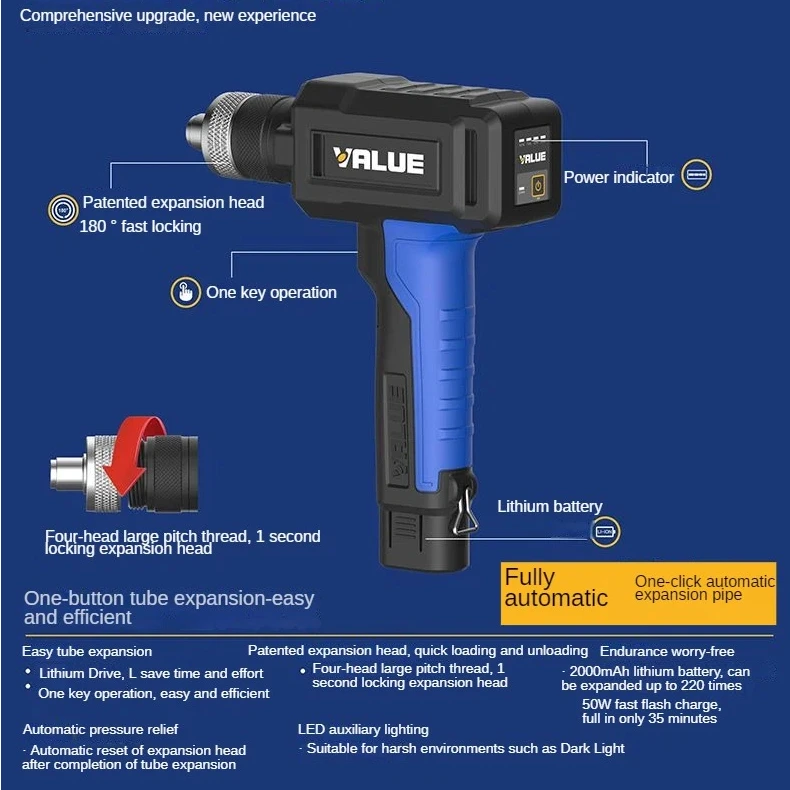VEE-2 Power Tubing Expander - Soft or Annealed Copper Swaging Tool One-Button Operation Quick Connect Expander Heads