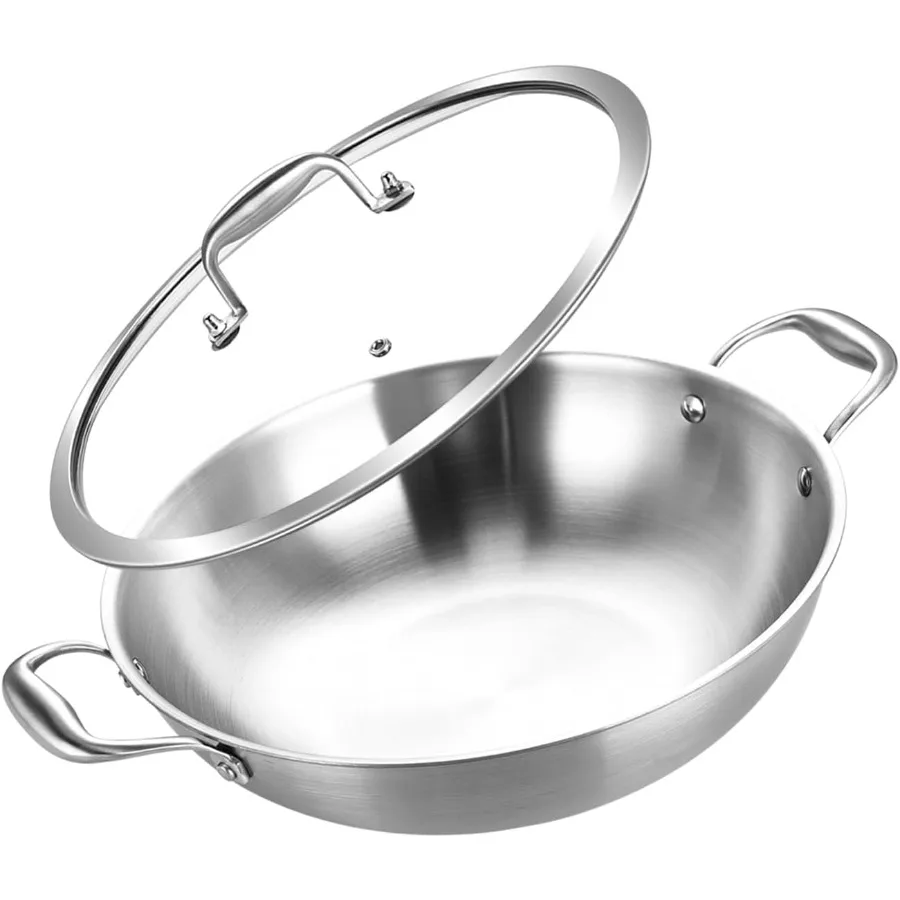 

10Inch TriPly Stainless Steel Wok Pan with Lid for Efficient Stir Frying Large Capacity Cooking Solution Ideal for Induction St