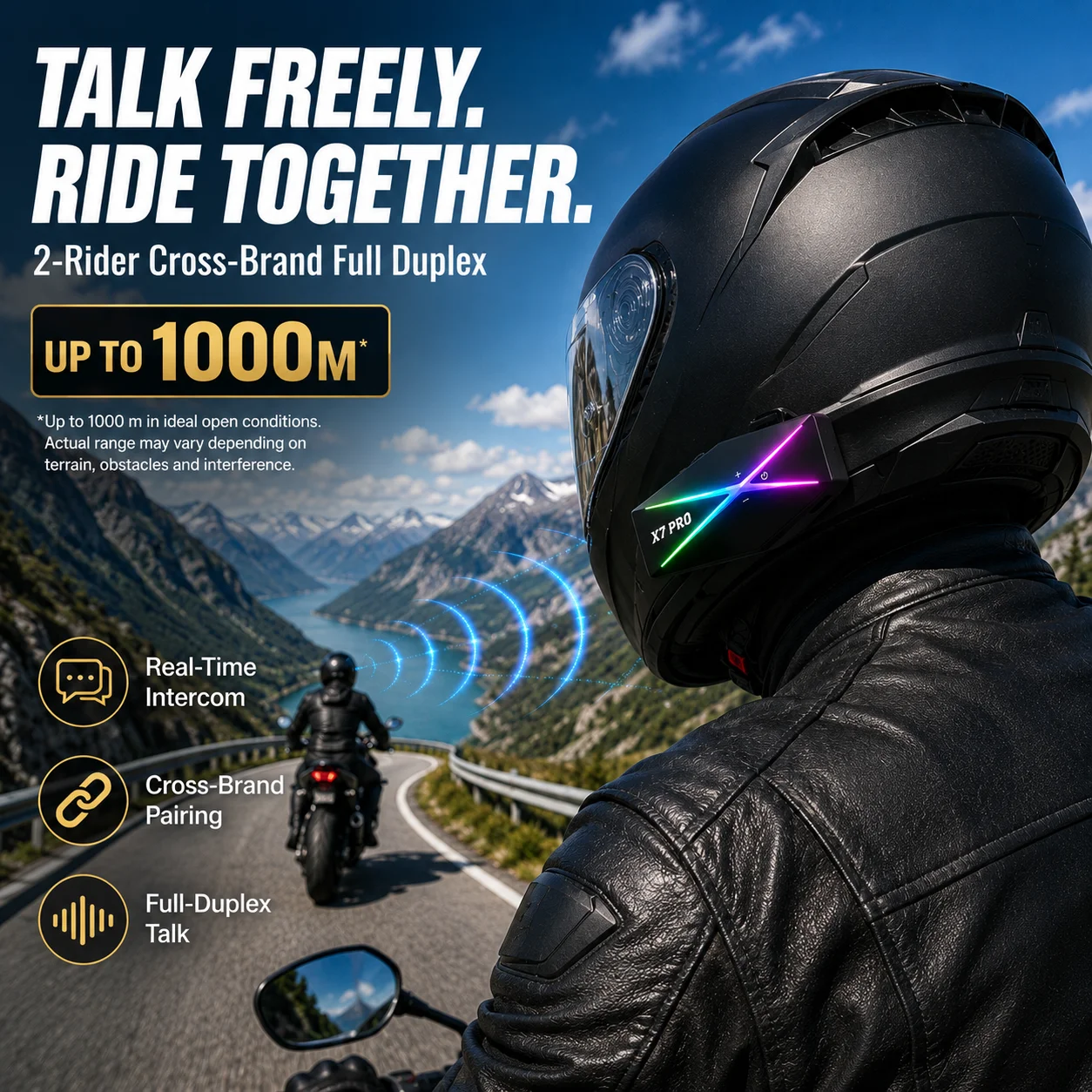 HIPPCRON X7 PRO Motor Helmet Headset Soft Mic Full‑Duplex Intercom 1000m FM BT6.0 IP67 1150mAh Dual-Channel Stereo Sound Effect