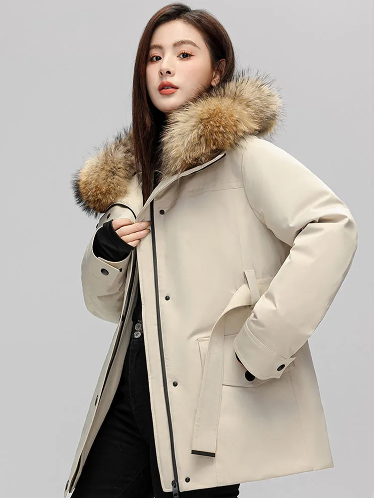 Natural large raccoon fur collar down jacket for women winter medium long raccoon fur warm parka jacket trendy