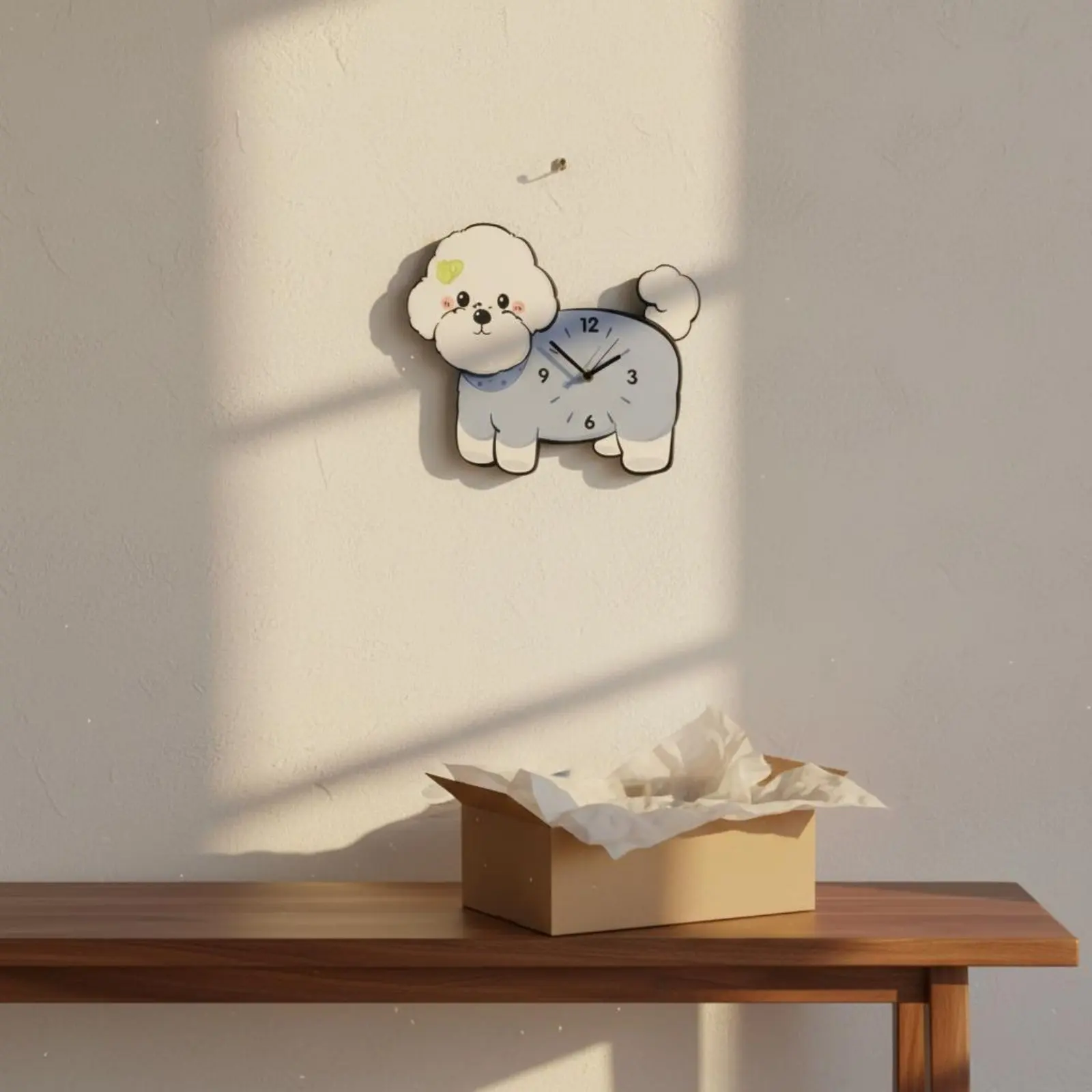 Bichon Frise Wall Clock Adorable Design Wagging Tail Dog Clock Distinctive Gift Easy Installation for Bedroom, Nursery