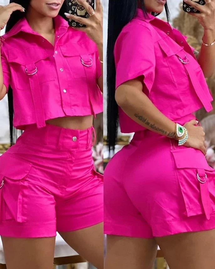 두 조각 세트 여성 복장 2025 여름 턴 다운 칼라 플랩 디테일 버튼 크롭 탑 & 캐주얼 포켓 디자인 데일리 반바지 세트