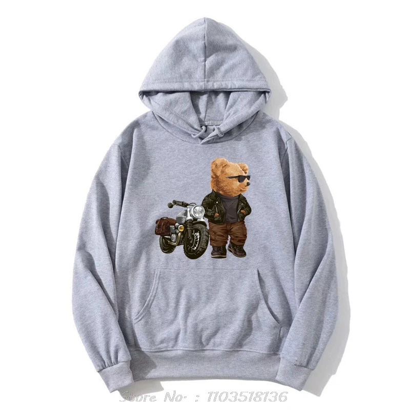 Motorcycle Teddy Bear Wearing Sunglasses Hoodie Men Harajuku Fashiontop Sport Hoody Streetwears Clothing Oversized Sweatshirt