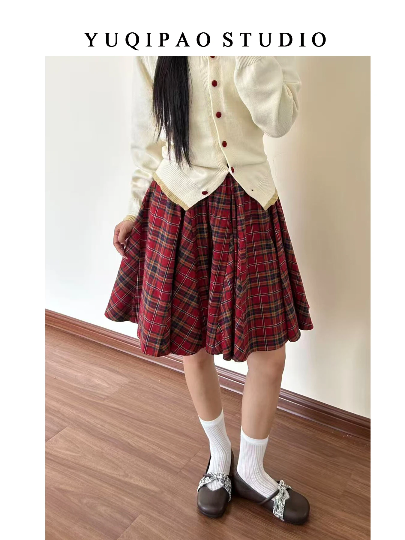 Falda midi de cintura alta a cuadros rojos de talla grande para mujer, estilo A, adelgazante, para otoño e invierno, falda corta de cinco cuartos