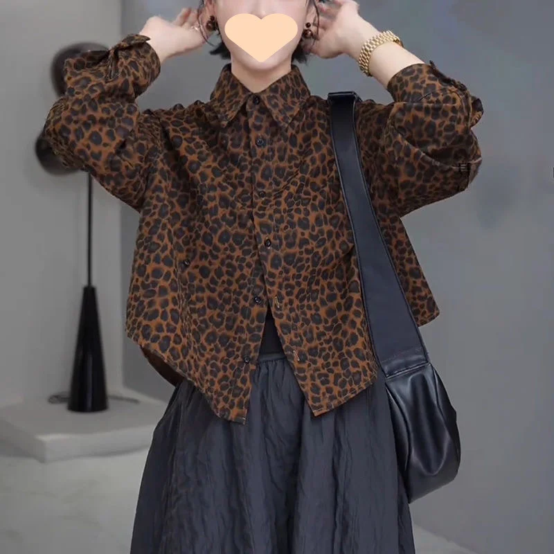 

Рубашка с леопардовым принтом в стиле ретро, женская осенняя мода, короткий топ с отложным воротником, зимняя новая повседневная универсальная однобортная куртка