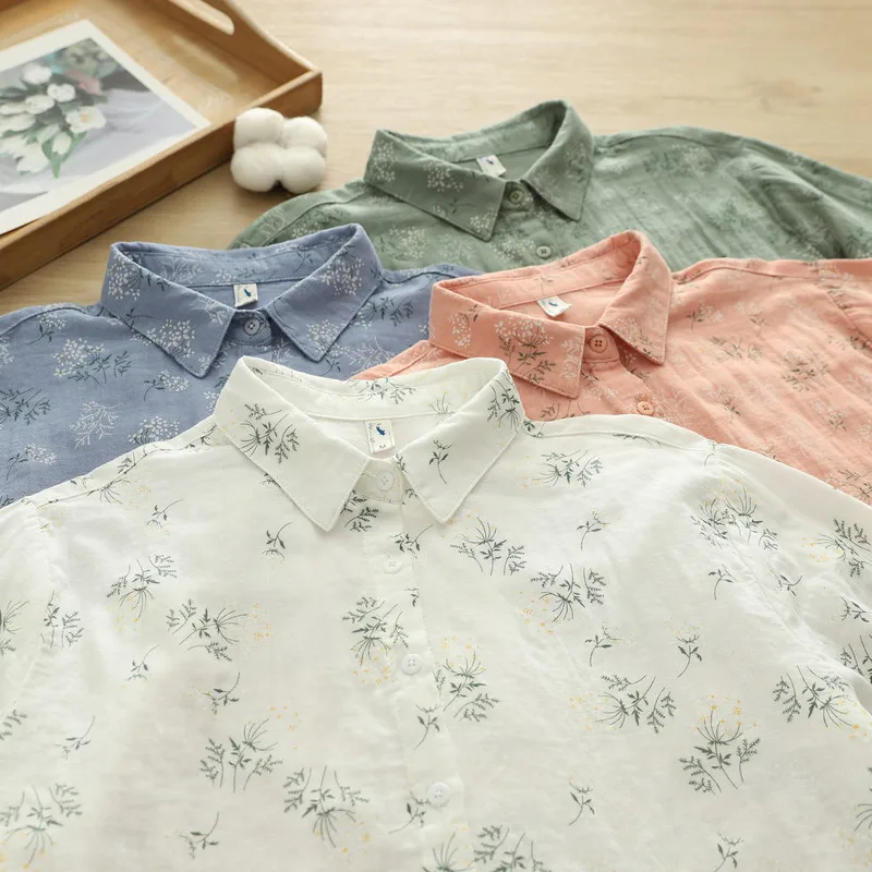 جديد 2025 قميص خريفي بأكمام طويلة من غزل القطن ، بلوزة فضفاضة متعددة الاستخدامات للنساء بياقة مقلوبة مطبوعة ، بلوزة موري جيرل ريترو متعددة الاستخدامات T59257CC