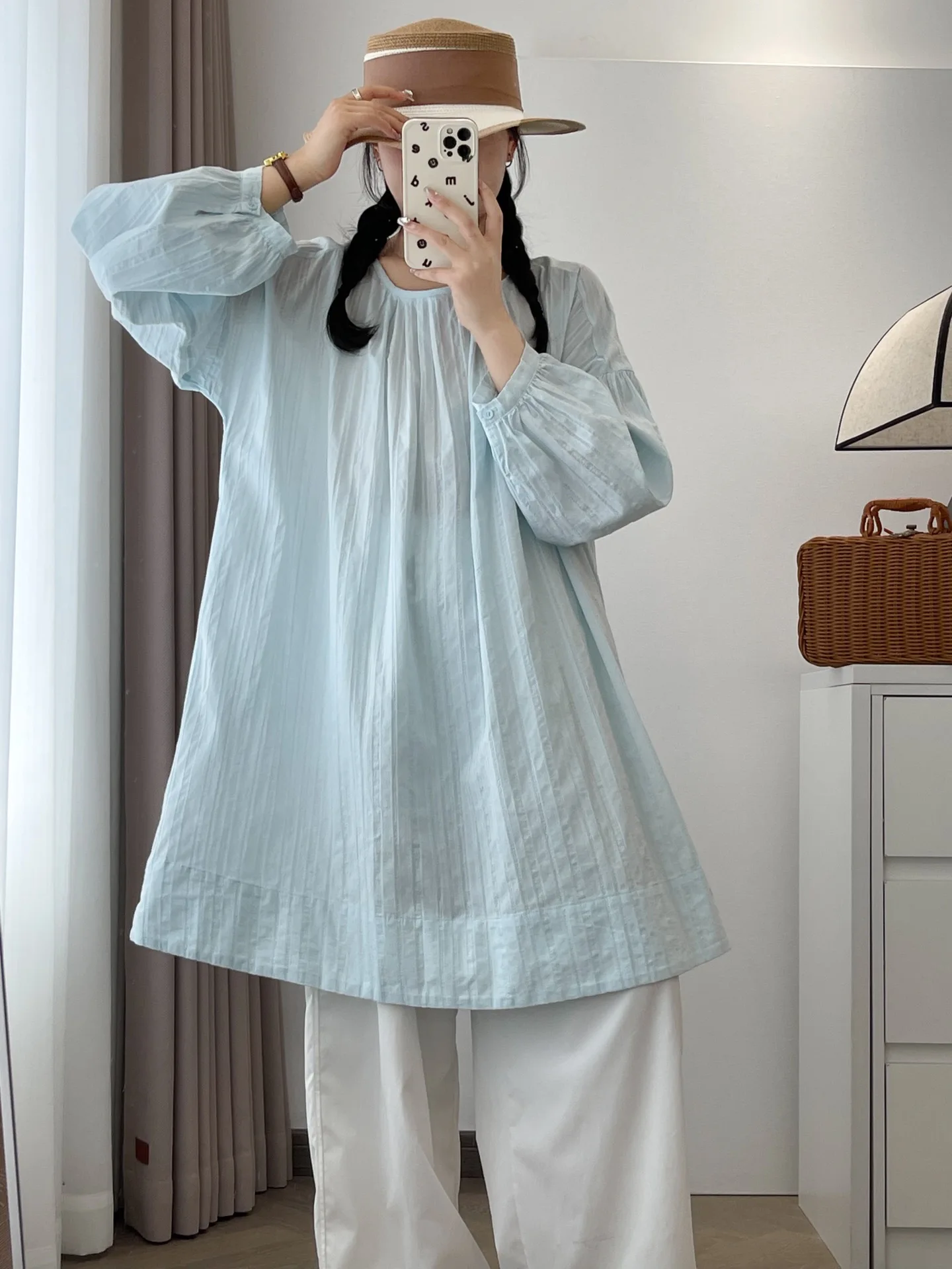 

Japanese Sle Loose Faionable round Ne Long Sve irt Meat Concealing Bubble Sve Simple Ele Age Reducing Top