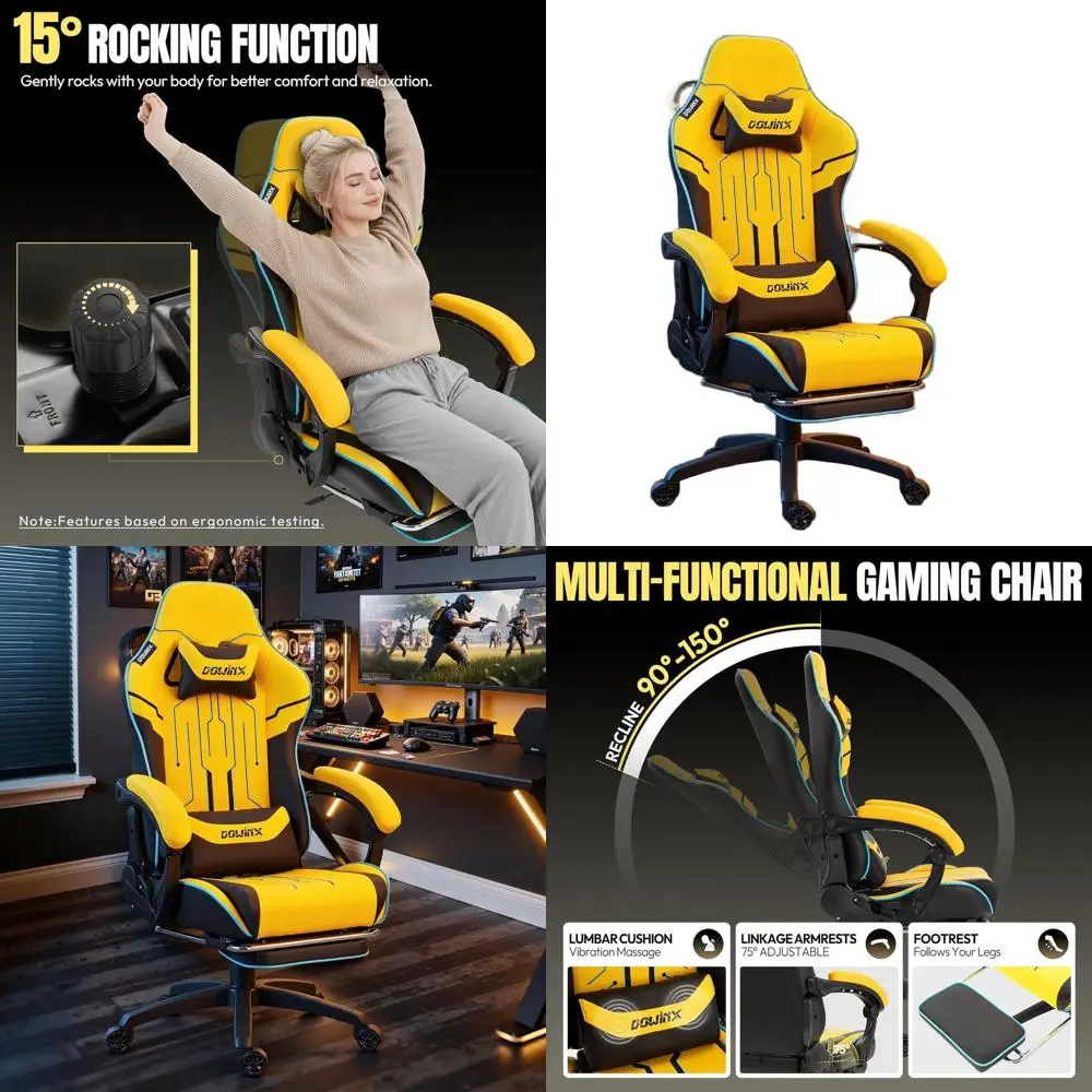 

Эргономичное игровое кресло-реклайнер для крупных и высоких людей, грузоподъемность 158 кг, с массажем и подставкой для ног, желтый дизайн в стиле киберспорта