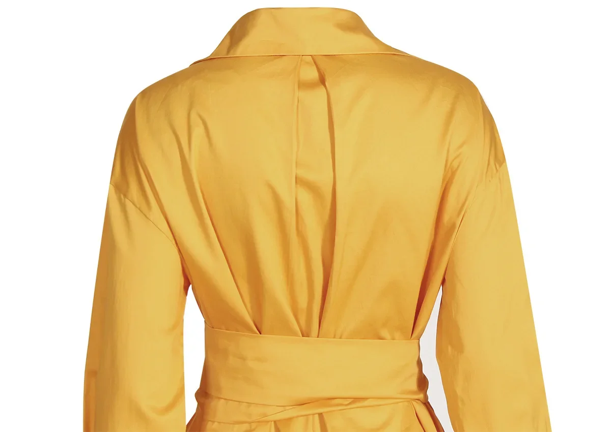 Dames Geel Damesshirt Met Riem Dames Zakelijk Werkkleding Lange Mouw 1 Stuk Lange Blazer Jas